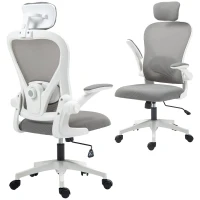 HOMCOM Chaise de Bureau Ergonomique, Fauteuil de Bureau en Maille avec Appui-Tête et Soutien Lombaire Réglables, Gris(m-17)