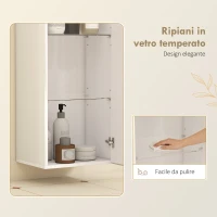 HOMCOM Mobiletto Bagno Pensile con 2 Ripiani in Vetro Regolabili e Anta Senza Maniglia, Bianco Lucido(m-6)