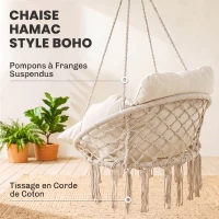 Outsunny Chaise suspendue avec grand coussin rembourré hamac fauteuil suspendu à franges kit de suspension 80 x 60 x 40 cm crème(m-5)