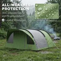 Outsunny 4 Person Easy Setup Family Camping Tent with 2 Rooms, Waterproof Tunnel Tent w/ Sewn In Groundsheet, Green & Grey(m-5)