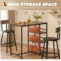 HOMCOM Space Saving Bar Table and PU Leather Stools for 2, 3 Piece Breakfast Bar Table Set with Storage Shelves, Rustic Brown(m-6)