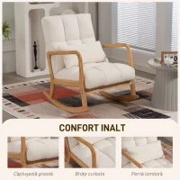 HOMCOM Fotoliu Balansoar 90°-130° cu Pernă Lombară, Acoperit cu Material Textil Sherpa, 64.5x82x89 cm, Alb și Lemn Natur(m-6)