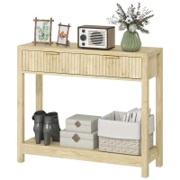 HOMCOM Console meuble 90 cm, table console étroite avec 2 tiroirs rainurés et étagère, style moderne, bois naturel(m-12)