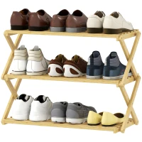 HOMCOM Zapatero Estrecho de Bambú Zapatero Vertical Plegable de 3 Niveles Sin Instalación Natural(m-11)