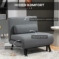 HOMCOM Opklapbed, slaapstoel, verstelbare rugleuning, staal, linnenlook, zwart, 75 x 70 x 75 cm(m-5)