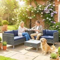 Outsunny 4 Piece Rattan Garden Furniture Set, Outdoor Corner Sofa Set with Storage Table, Loveseats, Cushions - Dark Blue(m-8)