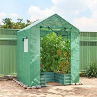 Outsunny Small Greenhouse with Raised Garden Bed, Galvanised Walk-in Greenhouse with Roll Up Windows, 141 x 141 x 190 cm, Green(m-10)