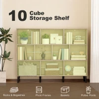 HOMCOM 10-Cube Bookcase, 3-Tier Book Shelf with Solid Wood Legs, 140 cm Modern Bookshelf with Anti-Tip Kit, Oak(m-4)