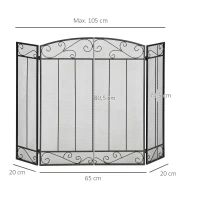 HOMCOM Funkenschutz für Kamine, dreiteilig, klappbar, Metallrahmen, Maschendesign, Schwarz(m-3)
