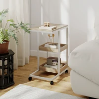 HOMCOM Mesa Auxiliar en Forma de C con Ruedas Estantes Abiertos y Marco de Acero para Salón Dormitorio 51x33x66cm Natural y Blanco(m-10)