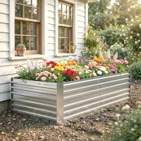 Outsunny Plantenbak, Handzaam Bloembed voor Planten, Koesteren en Verzorgen, Verhoogde Bed, Staal, Zilver(m-8)