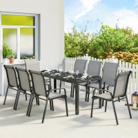 Outsunny Set da Esterno 9pz con 8 Sedie Impilabili in Texteline e Tavolino da Caffè con Piano in Vetro, Grigio Chiaro(m-2)