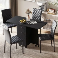 HOMCOM Dining Table Set, Folding Drop Leaf Table with Storage and 4 Chairs, Black(m-2)
