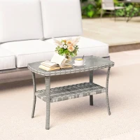 Outsunny Mesa de Jardín Exterior Rectangular de Ratán con Estante Tablero de Vidrio Templado con Ondas 90x50x45 cm Gris Oscuro(m-10)