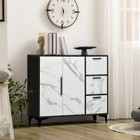 HOMCOM Mobile Dispensa a 2 Ante e 3 Cassetti in MDF e Acciaio per Soggiorno, Cucina e Studio, 90x30x80 cm, Bianco e Nero(m-10)