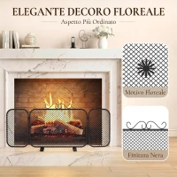 HOMCOM Parascintille Camino Pieghevole a 3 Pannelli in Metallo con Base Rimovibile, 90x16x40 cm, Nero(m-7)