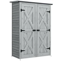 Outsunny Caseta de Jardín de Madera 115x53x156 cm Armario para Herramientas con Puertas Dobles y Estantes Techo Inclinado Gris(m-1)