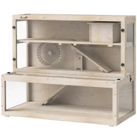 PawHut Wooden Hamster Cage with Hut, Wheel, Ramps, Removable Viewing Panels, 100 x 50 x 84 cm, Natural Wood(m-11)