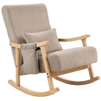 HOMCOM Silla Mecedora de Pana con Cojín Lumbar Patas y Reposabrazos de Madera de Caucho Bolsillo Estilo Moderno Marrón Claro(m-11)