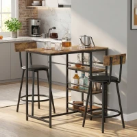 HOMCOM Space Saving Bar Table and PU Leather Stools for 2, 3 Piece Breakfast Bar Table Set with Storage Shelves, Rustic Brown(m-2)