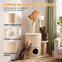 PawHut Ansamblu Joacă Pisici cu Sisal, Turn Multinivel 90 cm cu Culcuș și Platforme, 55x39x90 cm, Bej(m-5)