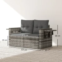 Outsunny 2 Seater Rattan Garden Sofa Outdoor Loveseat with Hidden Side Trays and Cushions for Patio Balcony, Dark Grey(m-3)