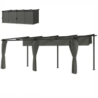 Outsunny Pergola rétractable avec rideaux latéraux, tonnelle de jardin en métal avec protection solaire UPF30+, gris foncé(m-12)