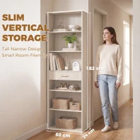 HOMCOM Bookcase Narrow Tall Space-Saving Bookshelf Drawer Open Shelves 60 x 24 x 182 cm Oak Wood Effect(m-5)