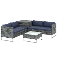 Outsunny 4 Piece Rattan Garden Furniture Set, Outdoor Corner Sofa Set with Storage Table, Loveseats, Cushions - Dark Blue(m-1)