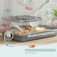 PawHut Jaula para Hámster con Túnel Plataformas Cuenco Bebedero Casita Rampas y Rueda de Ejercicio 45x30x45 cm Gris(m-7)