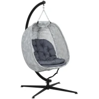 Outsunny Hanging Egg Chair Outdoor Indoor Garden Swing Chair with Folding Basket, Garden Hanging Chair with Stand, Thickened Cushion, Cup Holder for Patio, Balcony, Grey(m-1)
