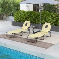 Outsunny Folding Sun Loungers Set of 2 with Face Hole, 4-Position Adjustable Backrest Garden Recliner Chair Sunbed, Outdoor Lounge Chair with 500 D Oxford Cloth Seat, Pillow for Beach, Beige(m-10)