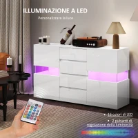 HOMCOM Credenza Moderna con LED Regolabile con Telecomando, 4 Cassetti e 2 Armadietti, 120x34x70 cm, Bianco(m-4)