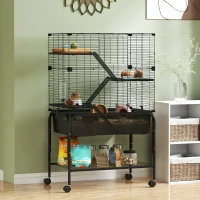 PawHut Jaula para Animales Pequeños de 4 Niveles con Ruedas Bandeja Profunda Rampas Plataformas y Comedero 73x47x123 cm Negro(m-10)