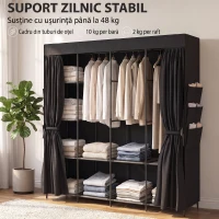 HOMCOM Dulap Textil Compact cu 5 Bare, 4 Rafturi, 6 Buzunare Laterale, Uși Antipraf cu Fermoar, Negru(m-6)
