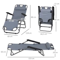 Outsunny Chaise Longue inclinable transat Bain de Soleil fauteuil relax jardin 2 en 1 Pliant têtière Amovible Charge Max. 136 Kg Toile Oxford Facile d'entretien Gris Clair(m-3)