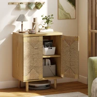 HOMCOM Aparador Bohemio de 2 Puertas con Cuerda Tejida a Mano Estante Ajustable Apertura por Presión Roble 60x40x78 cm(m-2)