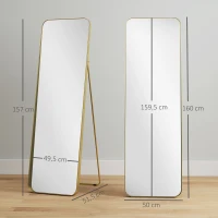 HOMCOM Volledige Lengte Spiegel, Vrijstaand, Kantelbaar, Metalen Frame, MDF, 160 x 50 cm, Goudkleur(m-3)