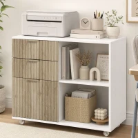 HOMCOM Suport pentru imprimantă pe roți, 3 sertare, 2 rafturi deschise, design ondulat, 80x40x68cm, Alb Stejar(m-6)