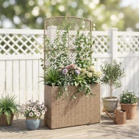 Outsunny Rattan Planter with Trellis, Raised Beds for Garden with Liner for Climbing Plants Vegetables Flowers, Light Grey(m-9)