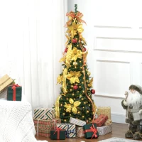 HOMCOM Árbol de Navidad Plegable con Luces LED en Blanco Cálido y Adornos Pre-instalados para Interior Ø60x180 cm Verde(m-10)