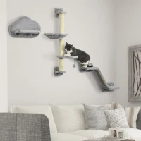 PawHut Juego de Pared de Escalada para Gatos de 3 Piezas con Hamaca Rampa con Rascador Plataforma en Forma de Nube Gris(m-10)