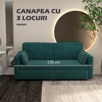 HOMCOM Canapea cu 3 Locuri din Catifea, cu Perne și Șezut Capitonat, 178x82x85cm, Verde Închis(m-7)