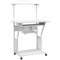 HOMCOM Bureau d'ordinateur roulant avec étagères de rangement, poste de travail et plateau pour clavier, 80x50x130cm, blanc(m-1)