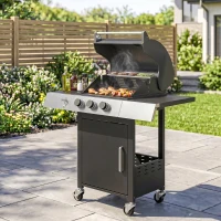 Outsunny Barbacoa de Gas con 3 Quemadores 8,1 kW Termómetro Parrillas Mesas Laterales Armario y Ruedas 109x50x109 cm Negro(m-9)