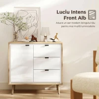HOMCOM Bufet Modern cu 3 Sertare și Dulap, Raft Interior Reglabil și Uși Lucioase, Alb și Stejar(m-4)