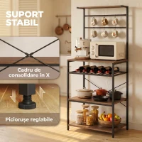 HOMCOM Etajeră Autoportantă, Etajeră Industrială cu 6 Cârlige și Suport pentru Sticle, Nuc(m-5)