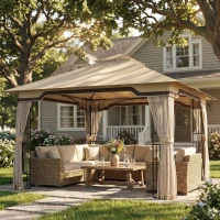 Outsunny 3.3 x 3.3 m Outdoor Garden Gazebo with Post Shelves, UPF50+ Patio Permanent Pavilion with Hook, Khaki(m-10)