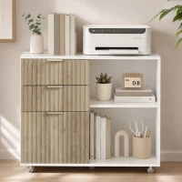 HOMCOM Suport pentru imprimantă pe roți, 3 sertare, 2 rafturi deschise, design ondulat, 80x40x68cm, Alb Stejar(m-5)
