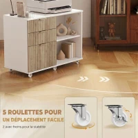 HOMCOM Support d'Imprimante sur Roulettes, 3 Tiroirs, 2 Étagères Ouvertes, Design Ondulé, 80x40x68cm, Blanc Chêne(m-6)